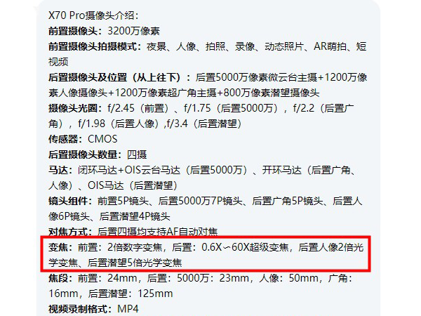 vivox70pro支持多少倍变焦