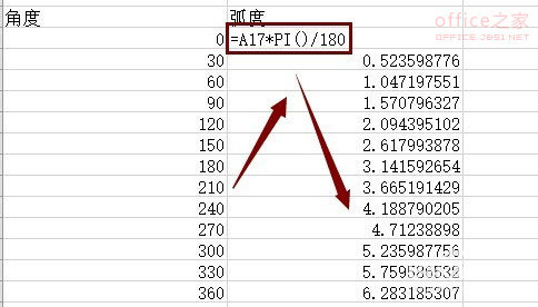 EXCEL使用自定义的角度格式和函数将角度转换成弧度