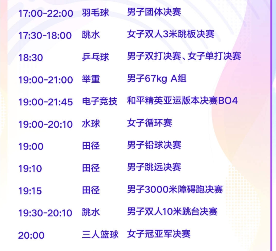 杭州亚运会10月1日完整比赛赛程表时间 今日夺金看点